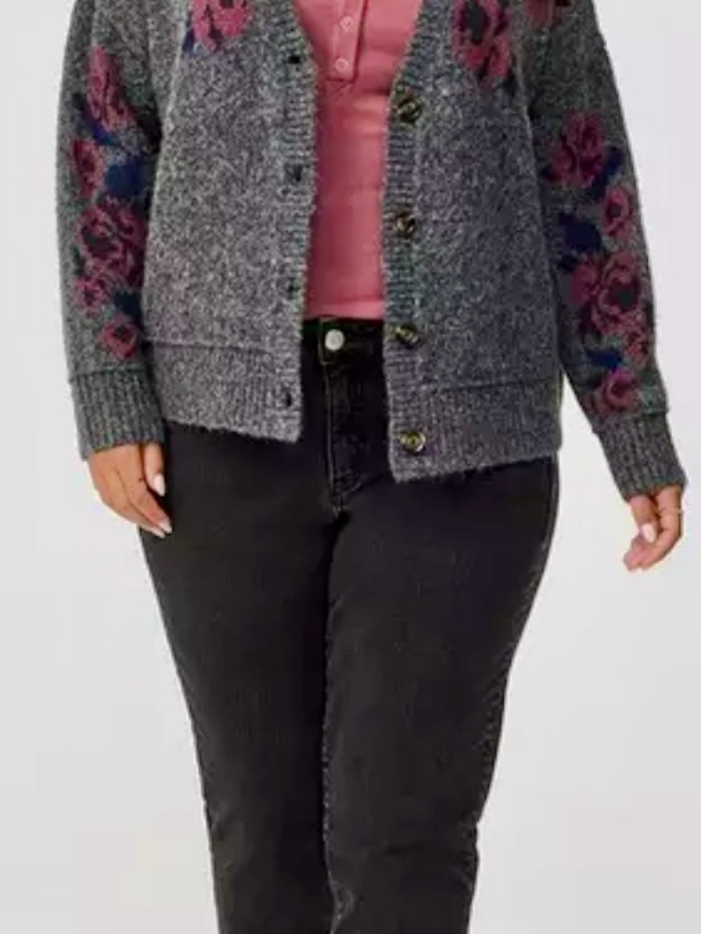 Torrid, NWT Gray Cardigan with Pink & Navy Floral Accents - Picture 8 of 9